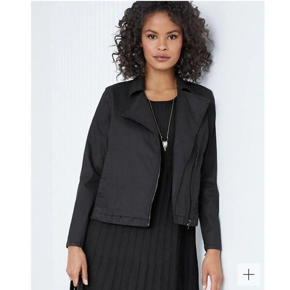 EILEEN FISHER WAXED ORGANIC COTTON STRETCH SHORT BLACK MOTO JACKET SIZE L EUC